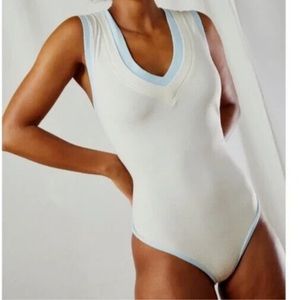Free People Intimately Cozy Girl Tank Bodysuit in Ivory Blue Size XL